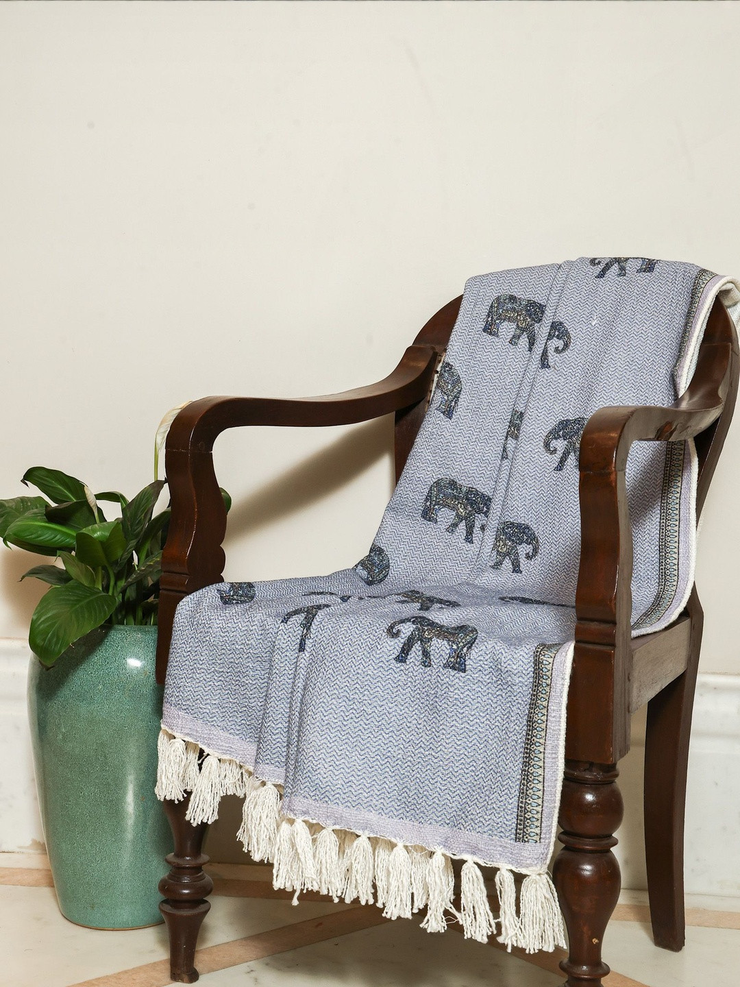 Crown of Poppies Elephant Printed Cotton Throw with Tassels