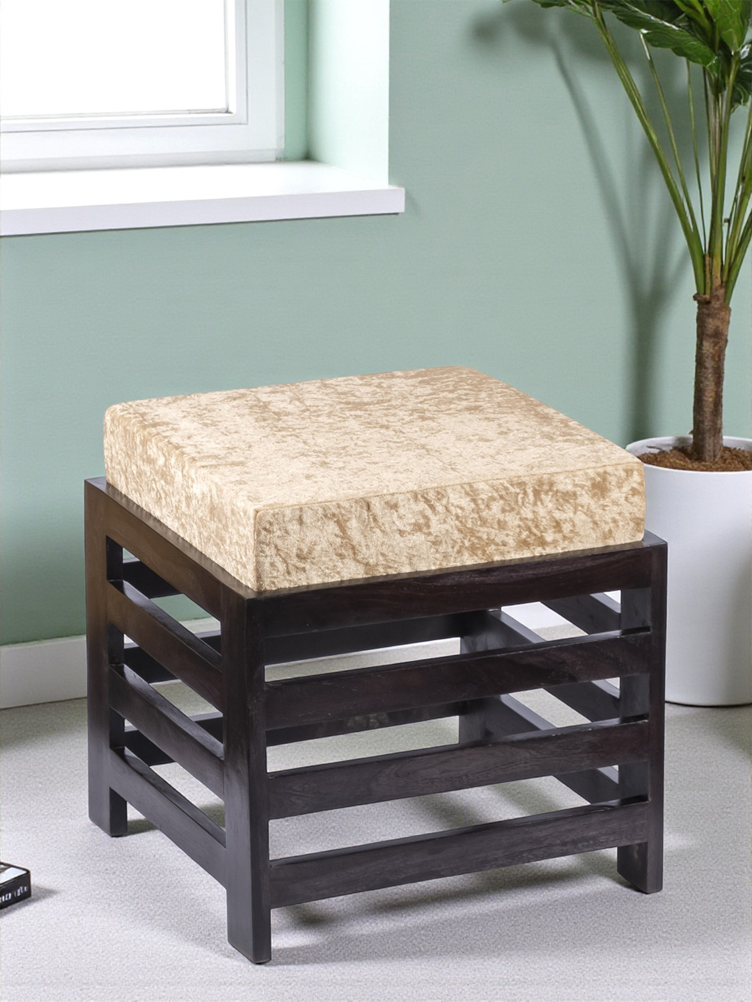 Ikiriya Rosewood Stool In Extra Dark Mahagony Finish With Beige Sparkle Velvet Cushion