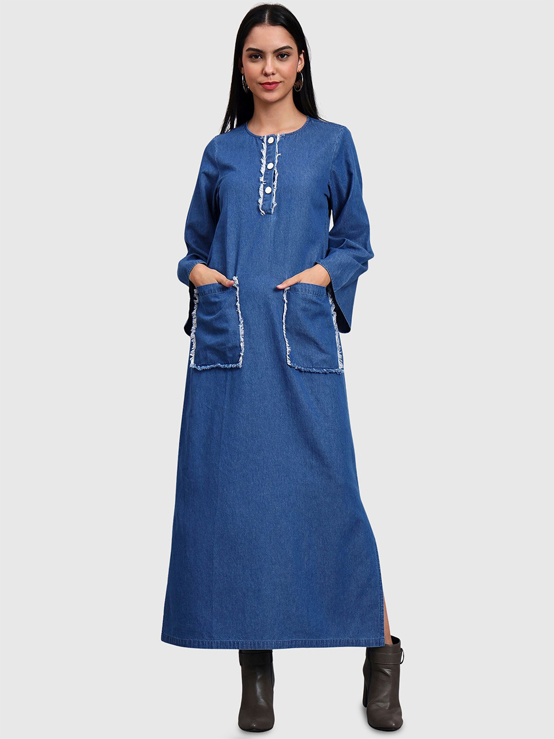 Orchid Blues Women Flared Sleeve Denim A-Line Maxi Dress With Raw Pocket Detail