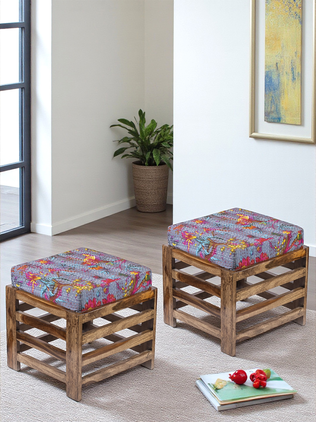 Ikiriya Rosewood Set Of 2 Stools In Teak Finish With Grey Brid Print Kantha Cushion