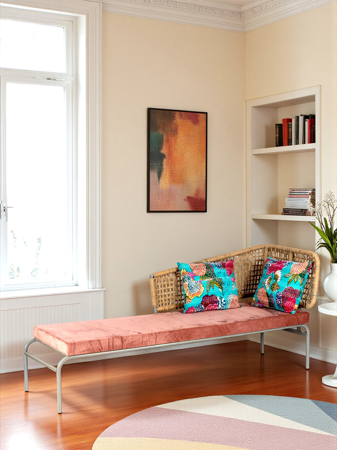 Ikiriya Metal 4 Seater Couch/ Diwan In Peach Velvet Fabric With 2 Printed Cushions