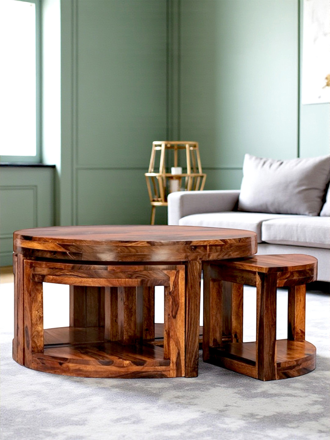 Ikiriya Sheesham Wood Accent Coffee Table Set In Provisional Teak Finish