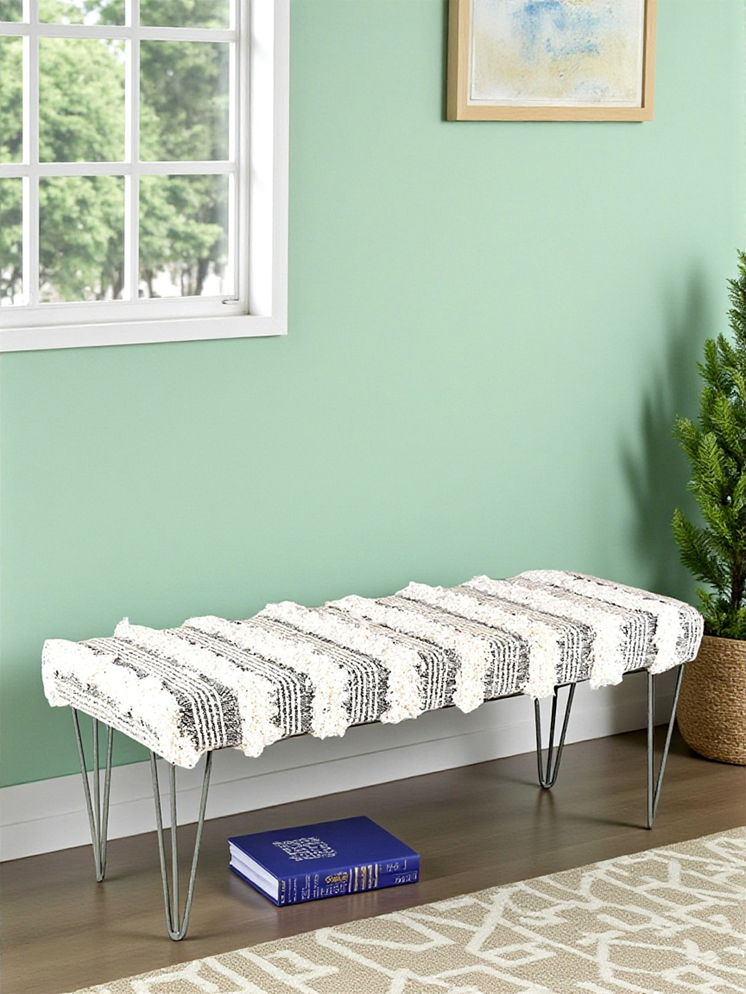 Ikiriya Sheesham Wood Mid Century 3 Seater Bench With Metal Legs In Grey Fringes Fabric