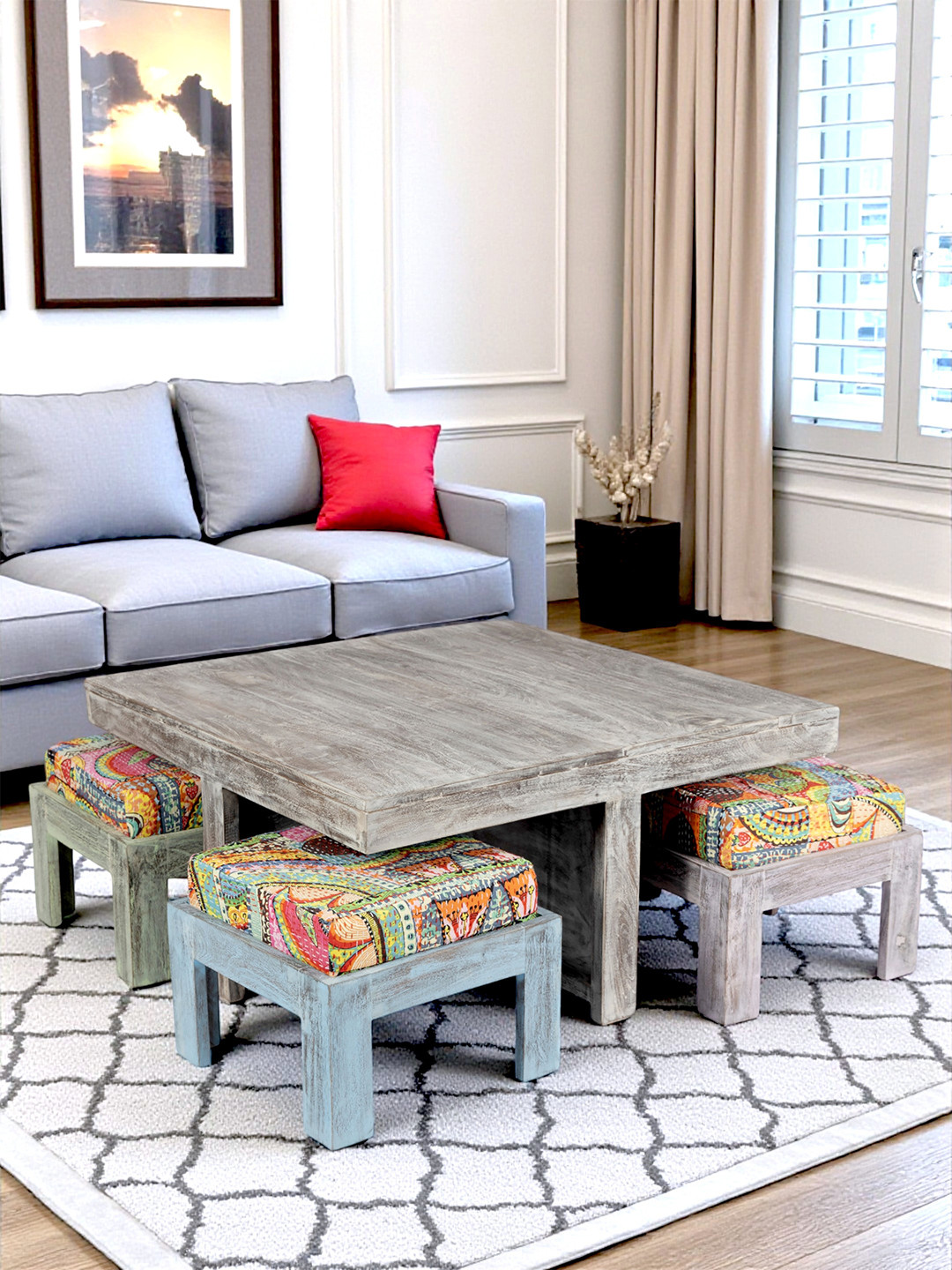 Ikiriya Sheesham Wood Country Side Coffee Table Set In Antique Multi-Colour Finish