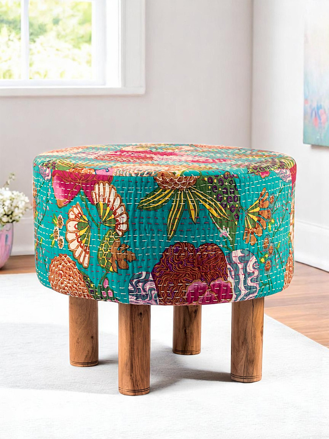 Ikiriya Acacia Wood Mid Century Round Ottoman In Sea Green Fruit Print Kantha Upholstery