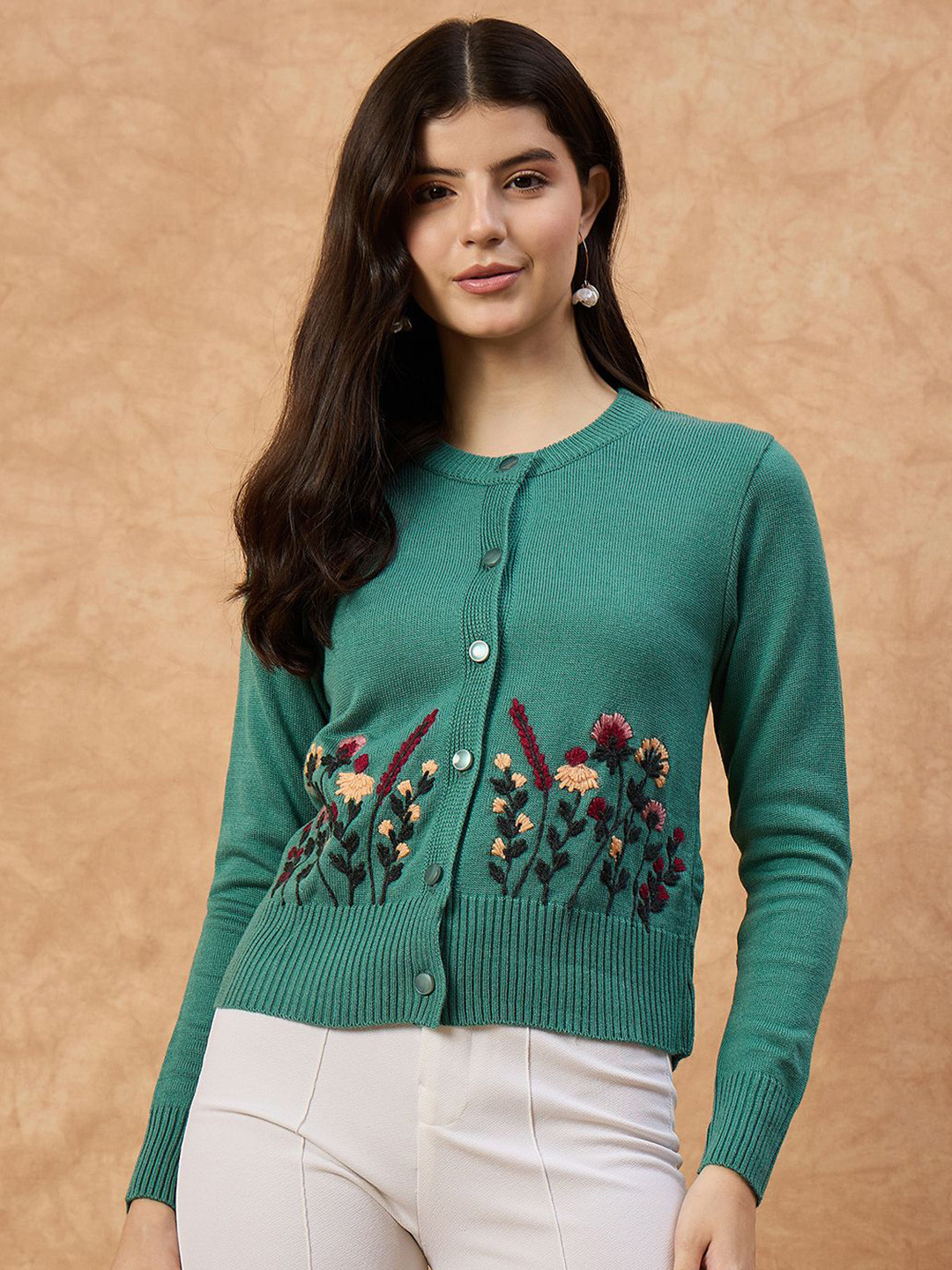 CLAPTON Women Embroidered Woollen Cardigan Sweater