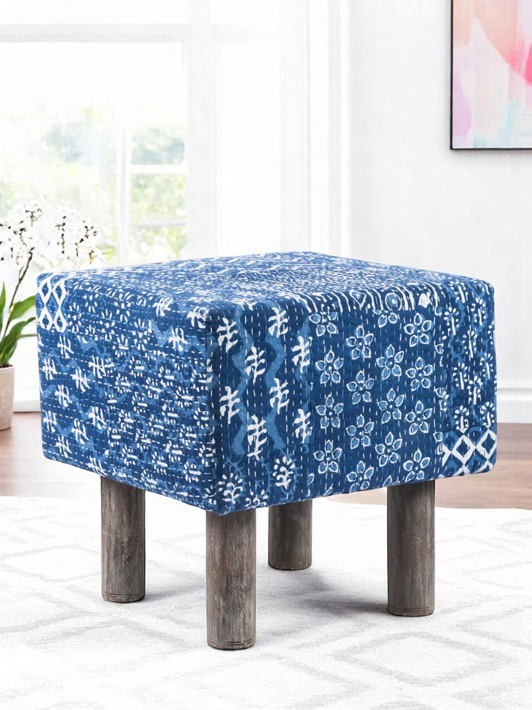 Ikiriya Acacia Wood Mid Century Square Pouf Stool In Indigo Patchwork Kantha Upholstery