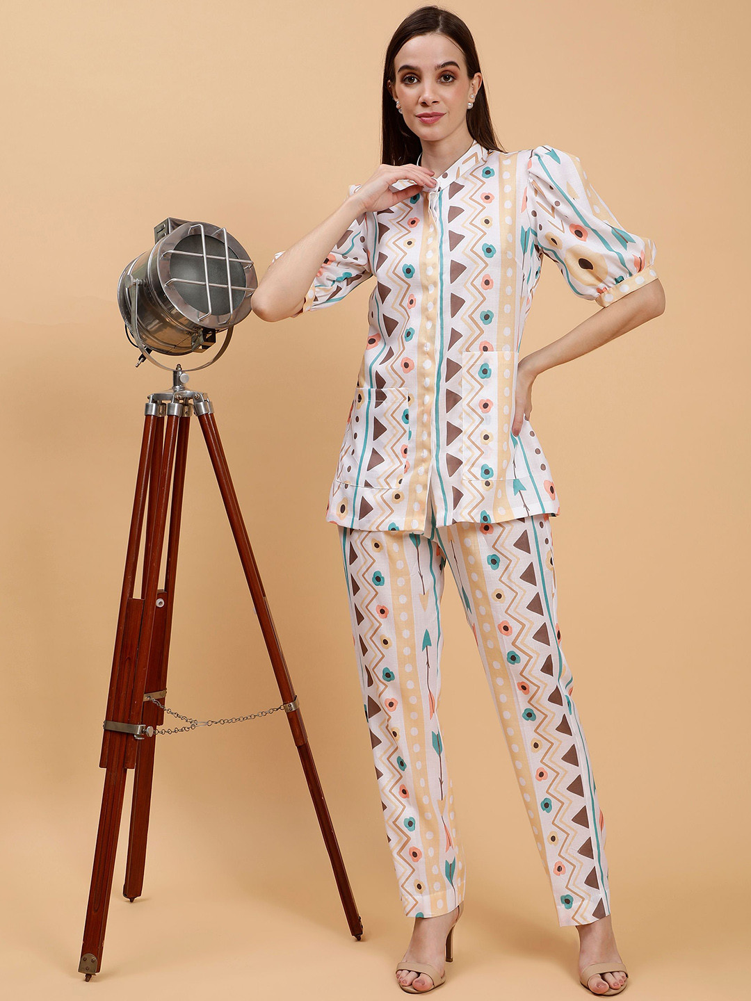 Pearls and Pastels Printed Mandarin Collar Linen Bohemian Top & Trousers Co-Ord Set