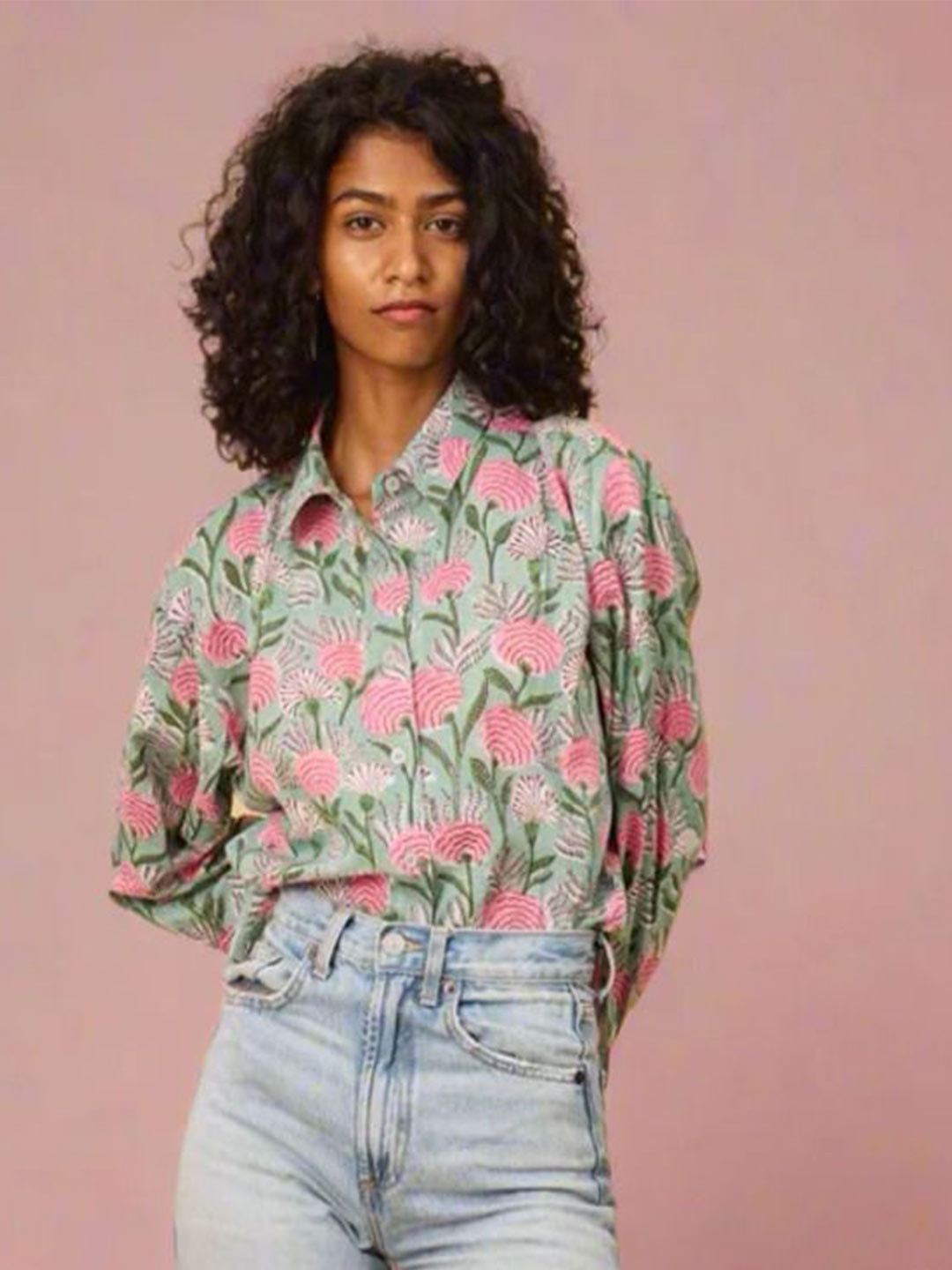 Rihaa Women Relaxed Oversized Fit Floral Printed Spread Collar Cotton Casual Shirt
