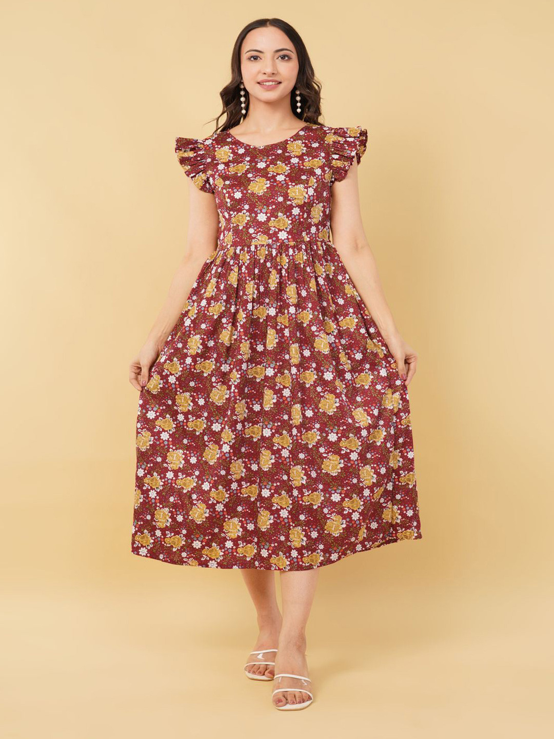 Ekika Women Floral Printed Flutter Sleeve Pleated Detail Fit and Flare Midi Dress