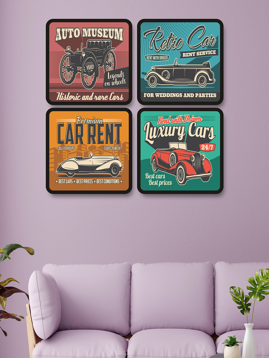 SAF Black & Red 4-Pieces Vintage Car Printed Framed Wall Art