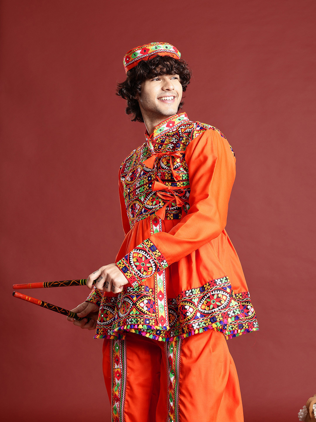PulseIQ Ethnic Motifs Embroidered Angrakha Navaratri Kediya with Dhoti Pants & Dandiya