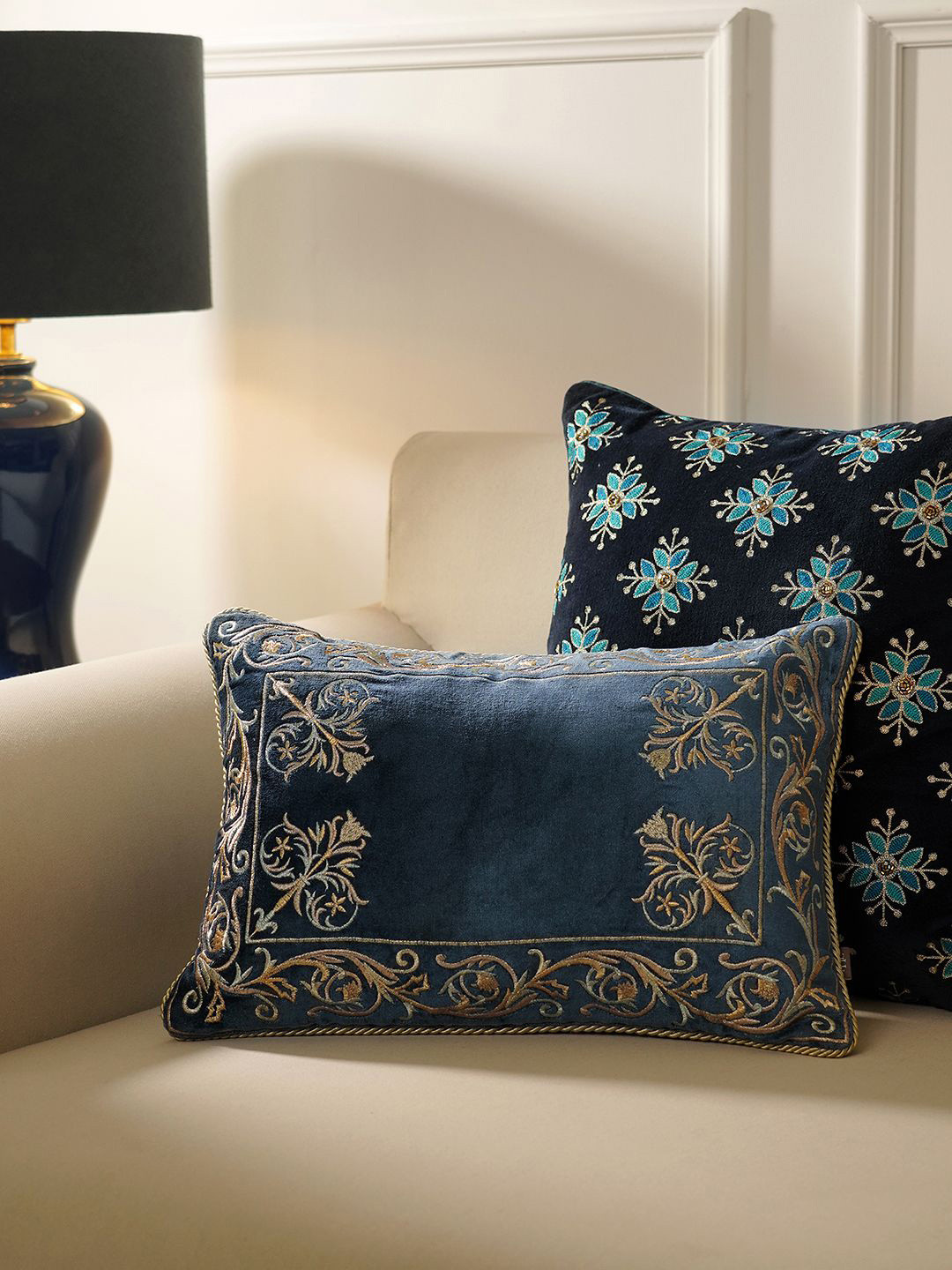 Pure Home and Living Blue & Beige Embroidered Rectangle Cushion Covers