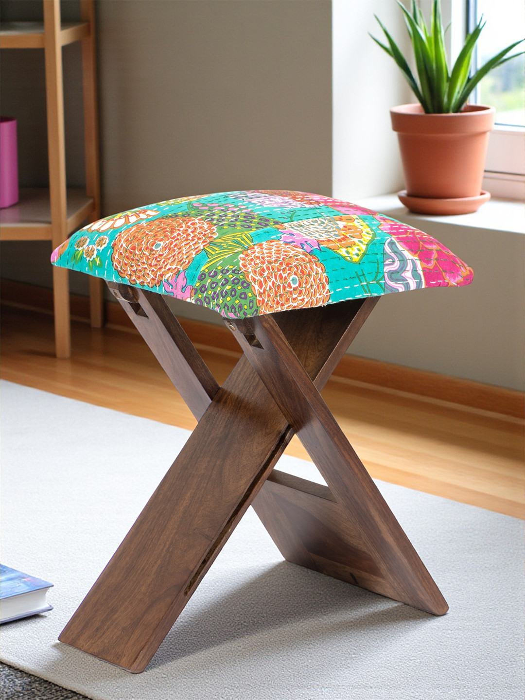 Ikiriya Rosewood Square Foldable Stool In Sea Green Fruit Print Kantha Upholstery