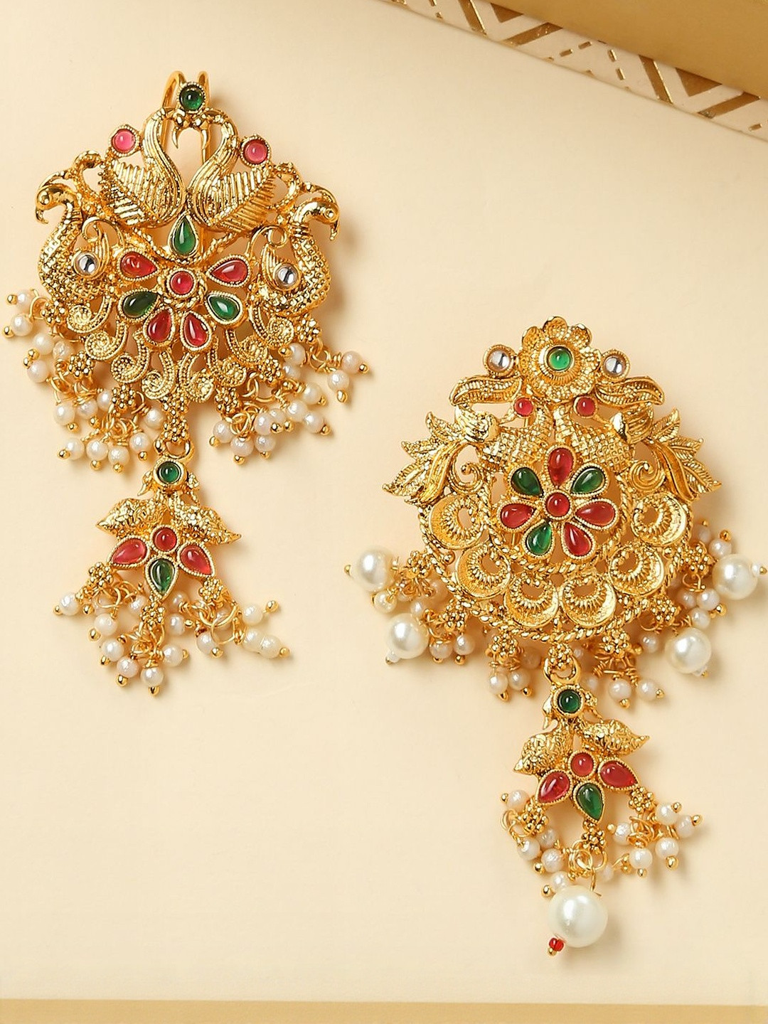 Anouk 2 Pcs Red & Green Gold-Plated Stones & Beads Studded Bun Pin Head Jewellery