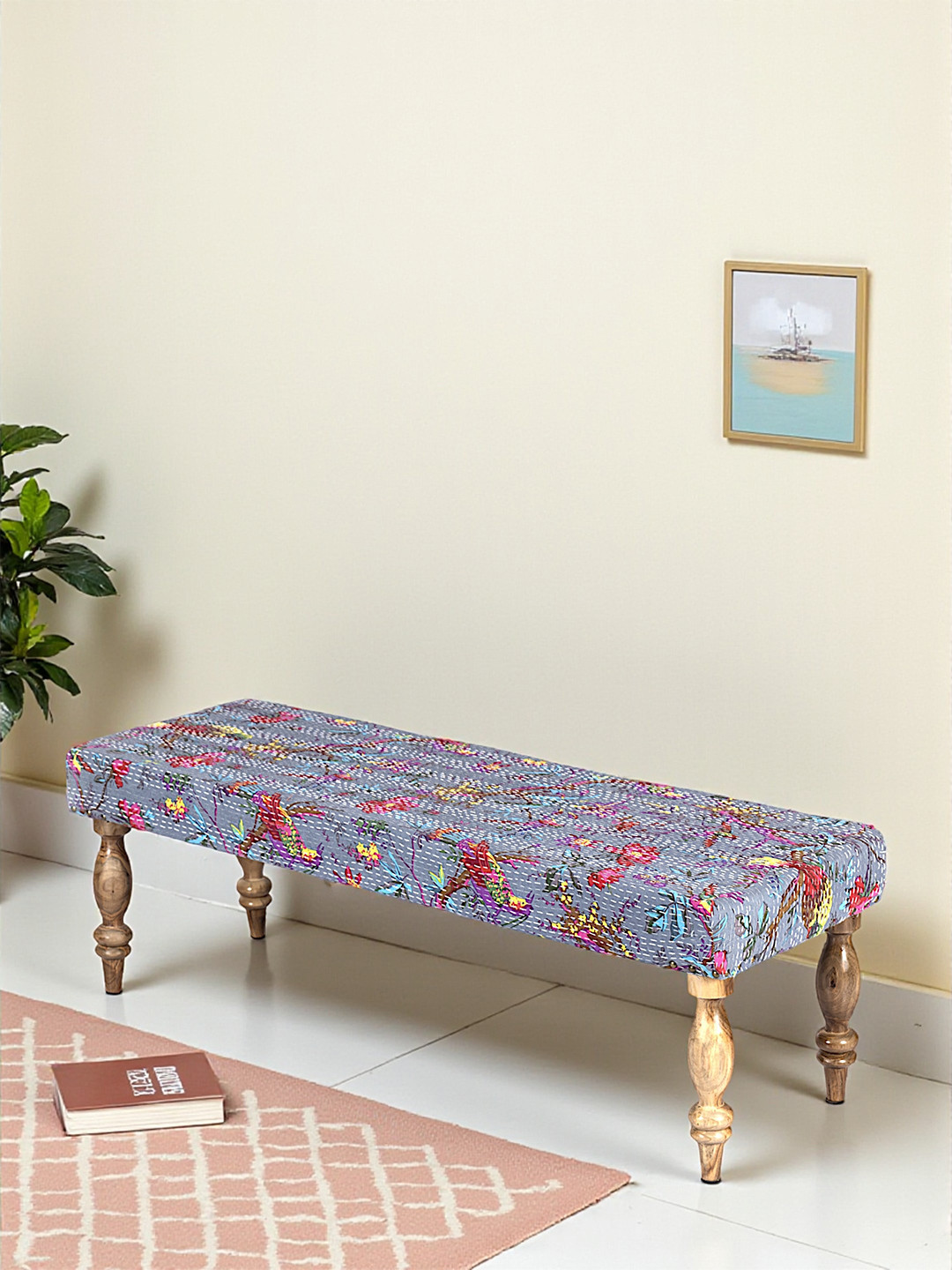 Ikiriya Cairo Sheesham Wood Mid Century 3 Seater Bench In Grey Brid Print Kantha