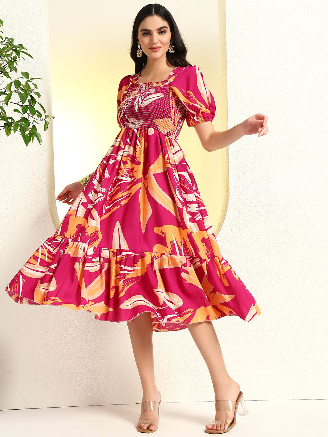 PTVIZE Women Floral Printed Puff Sleeve Smocked Tiered Fit & Flare Midi Dress