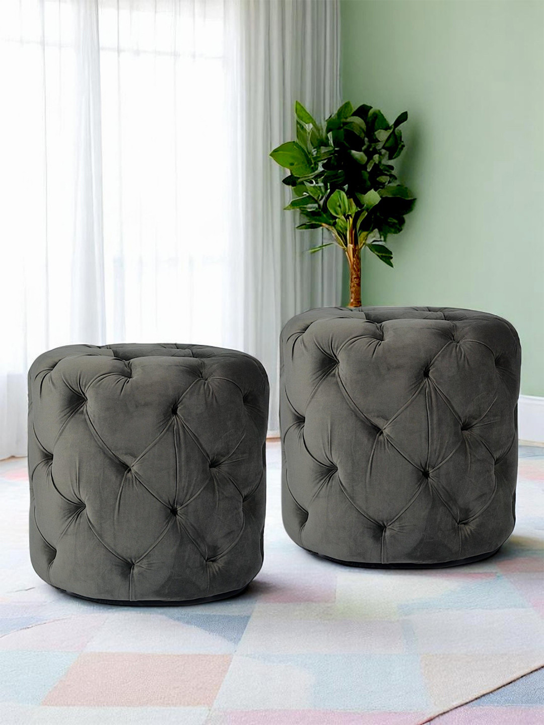 Ikiriya Dallas Solid Wood Accent Round Set Of 2 Ottomans In Iron Grey Velvet Upholstery