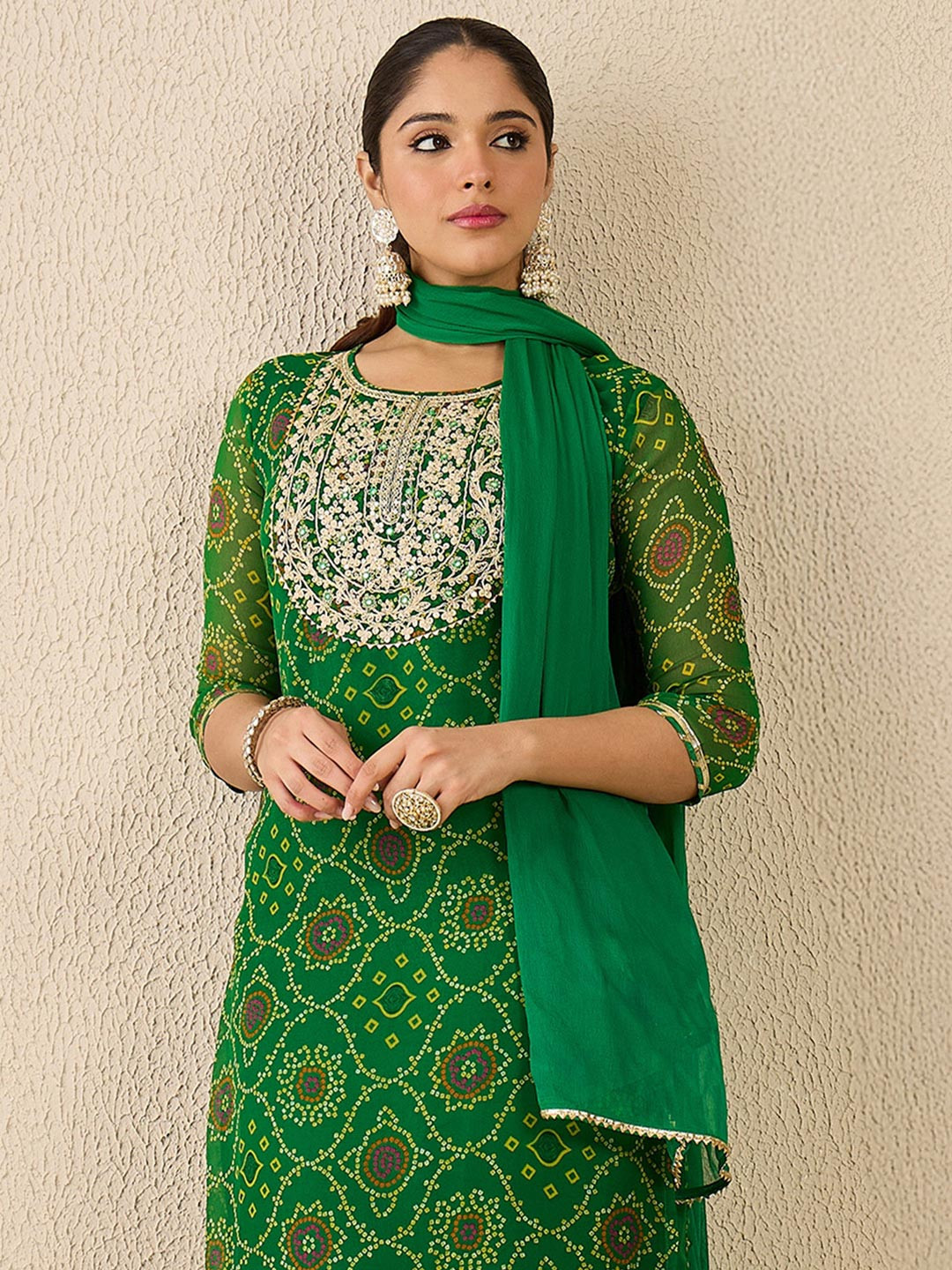 Indo Era Bandhani Printed Thread Work Georgette Straight Kurta With Trousers & Dupatta