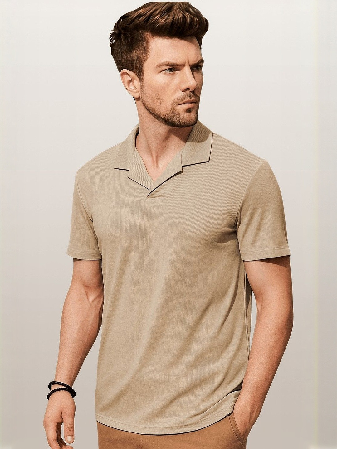 Moda Rapido Men Beige Ribbed Polo Collar T-shirt