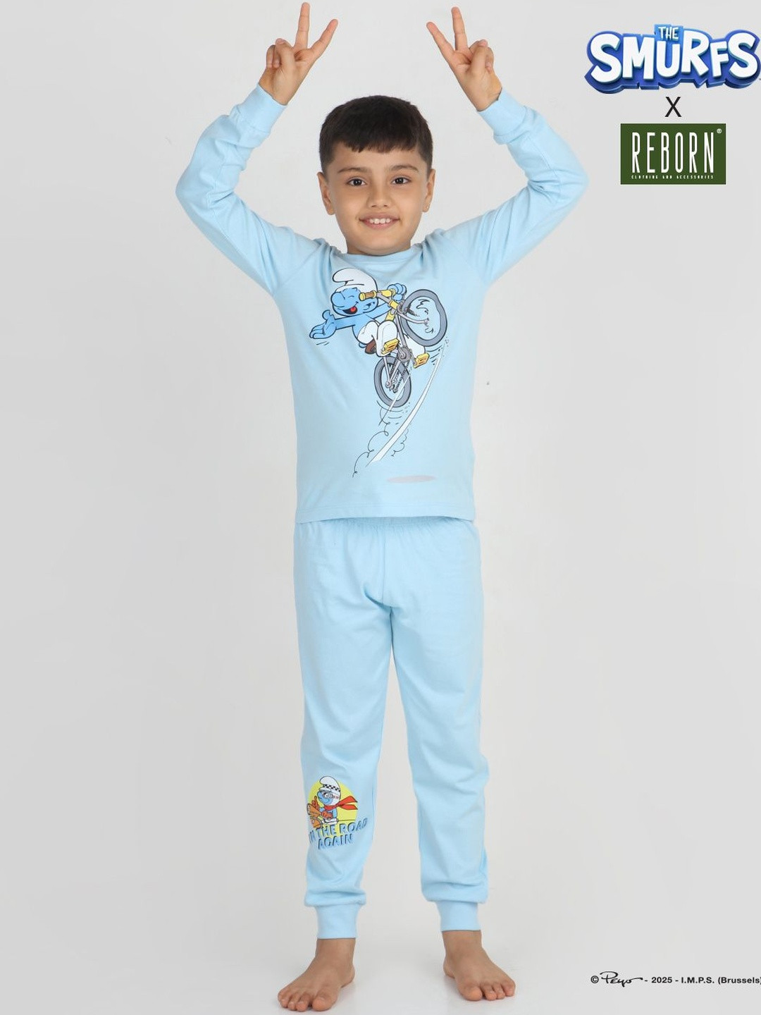 REBORN Boys Blue Printed Round Neck Long Sleeves Cotton T-shirt with Pyjamas