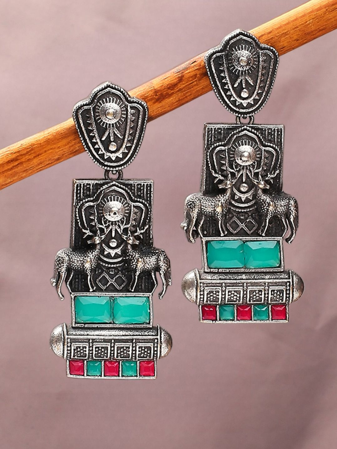 fabula Artificial Stones Studded Oxidised Deer Shaped Drop Earrings