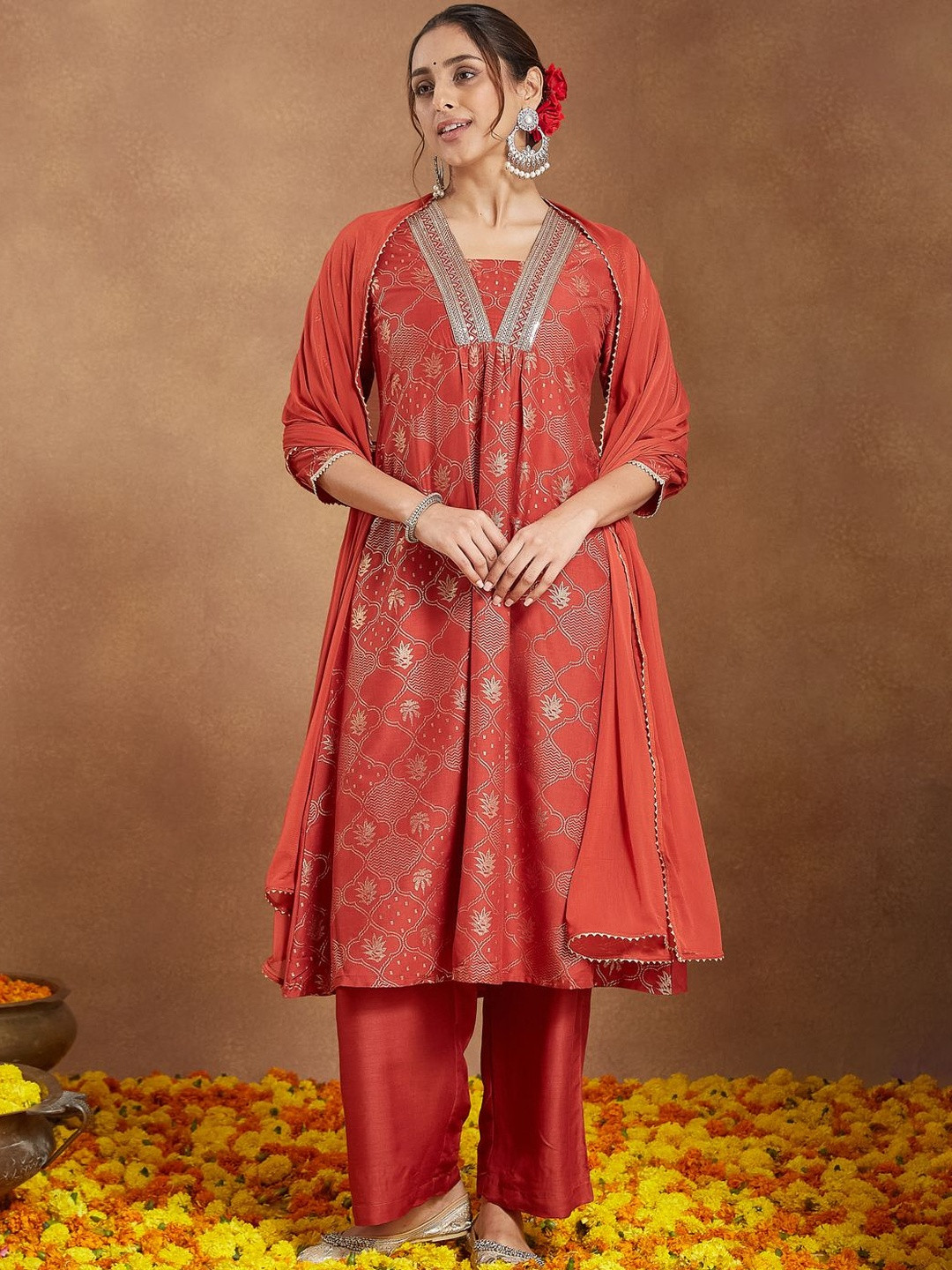 Janasya Women's Rust Silk Blend Embellished Gold Printed A-line Kurta Set