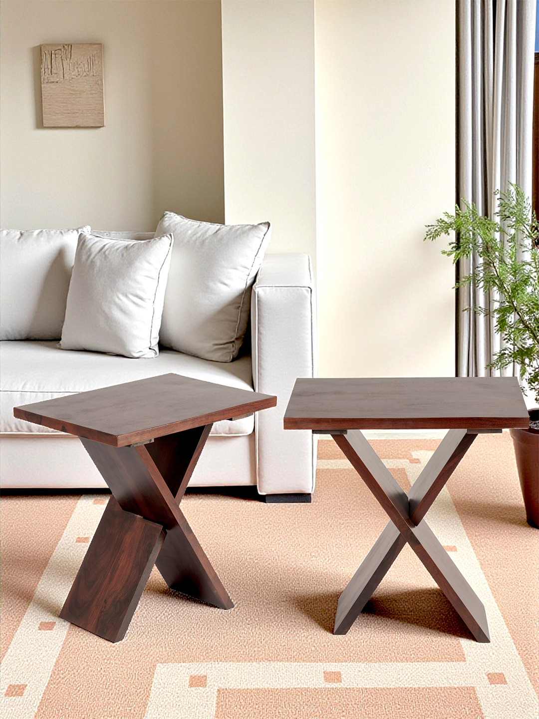 Ikiriya Sheesham Wood Set Of 2 Tea Table Corner Table Bedside Table In Dark Walnut Finish