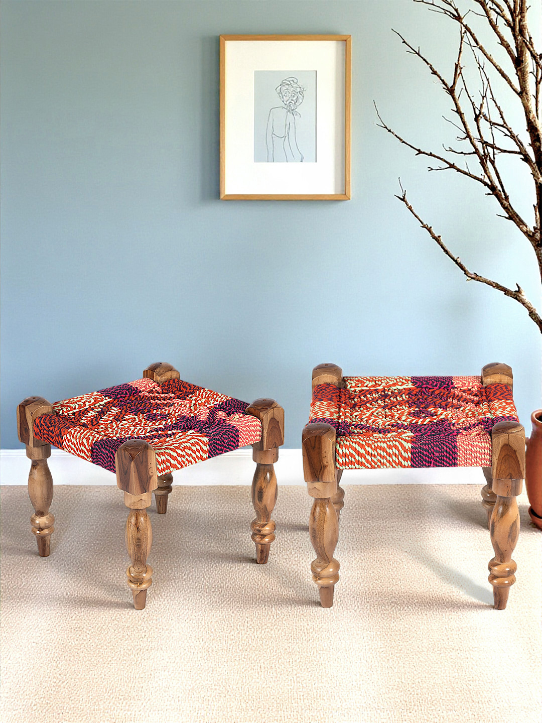 Ikiriya Sheesham Wood Square Maachi Set Of 2 Stools In Multi Colour Chindi Rope Canning
