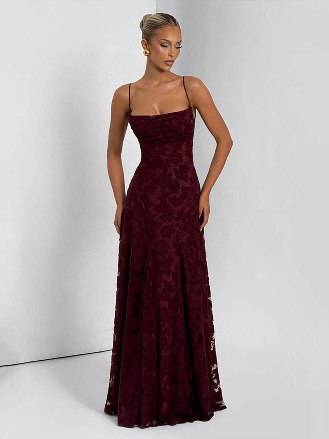 LULU & SKY Maroon Floral Backless Maxi Gown