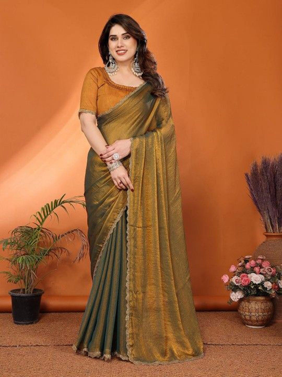 Sanwariya Silk Solid Dual Tone Beads and Stones Pure Chiffon Saree