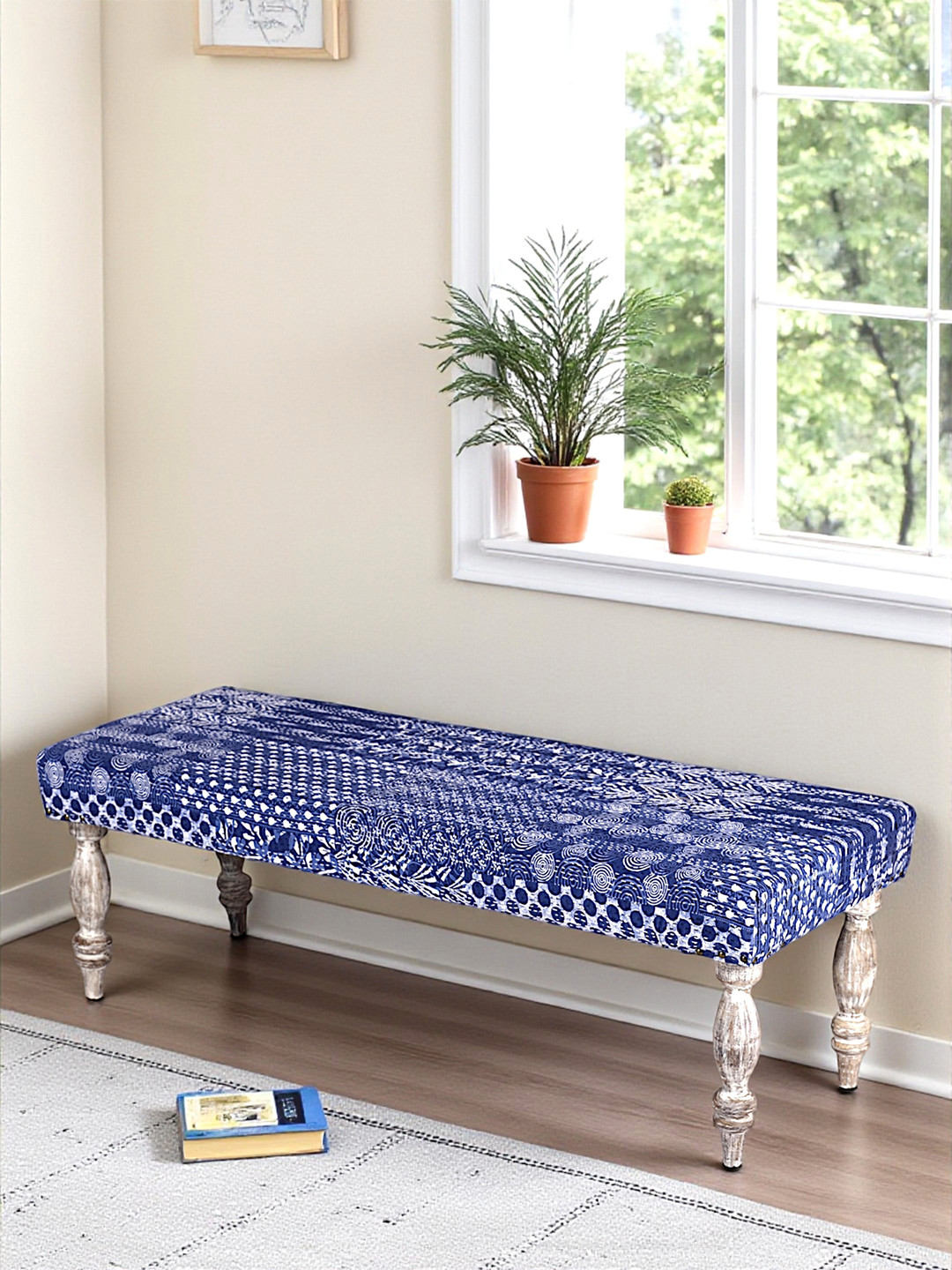 Ikiriya Cairo Sheesham Wood Mid Century 3 Seater Bench In Indigo Patchwork Kantha