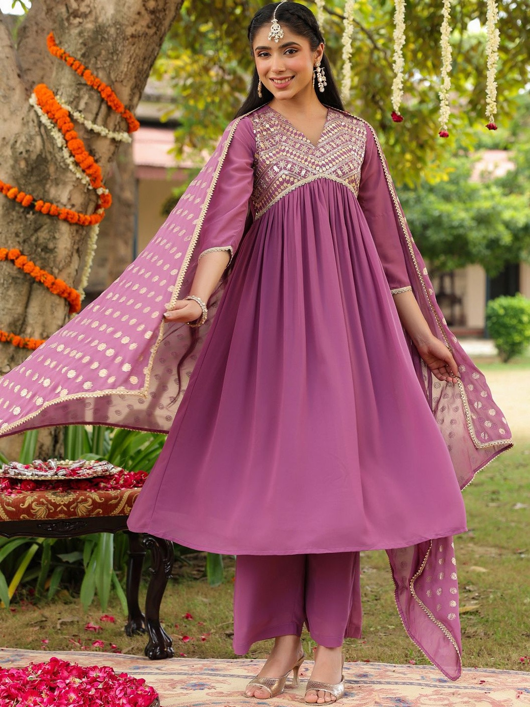 Janasya Women Lavender Georgette Embellished A-line Kurta with Palazzo & Dupatta Set
