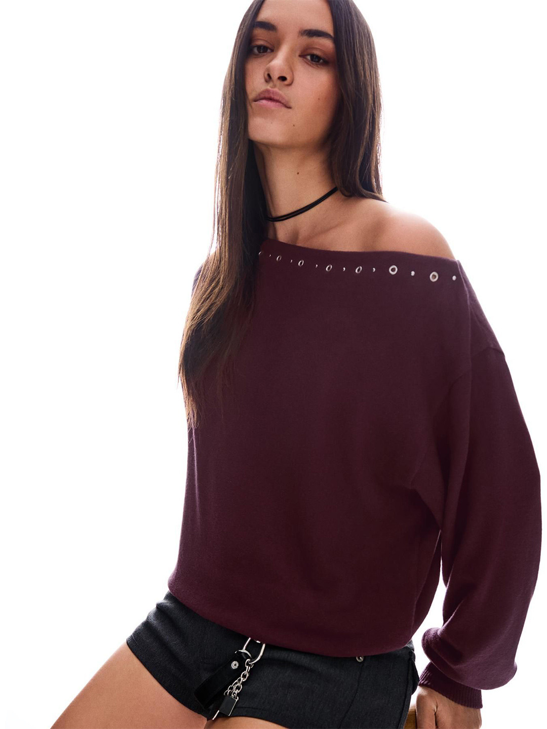 Bershka Women Solid Boat Neck Full Sleeve Pullover