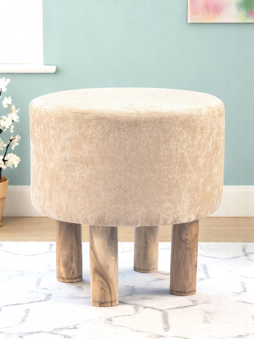 Ikiriya Morgan Acacia Wood Accent Round Pouf Stool In Beige Sparkle Velvet Upholstery