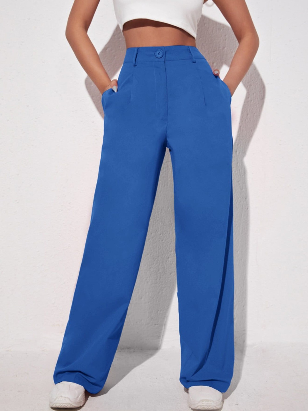 SZN Women Blue Solid Viscose Rayon High-Rise Trousers
