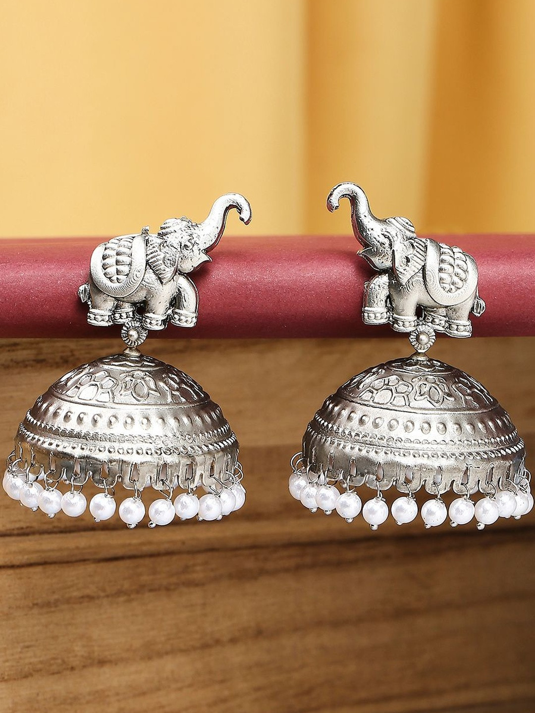 fabula Artificial Beaded Elephant Design Oxidised Dome Shaped Jhumkas
