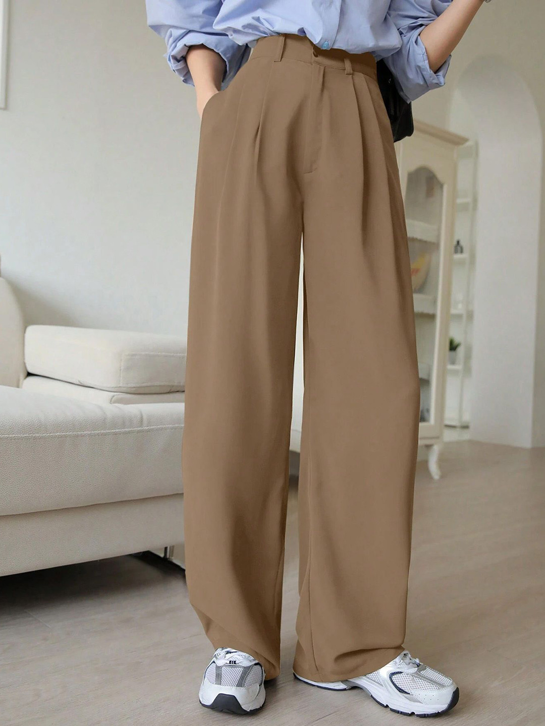 FNOCKS Women Relaxed Straight Leg High-Rise  Wide Leg Pleated Korean Pants