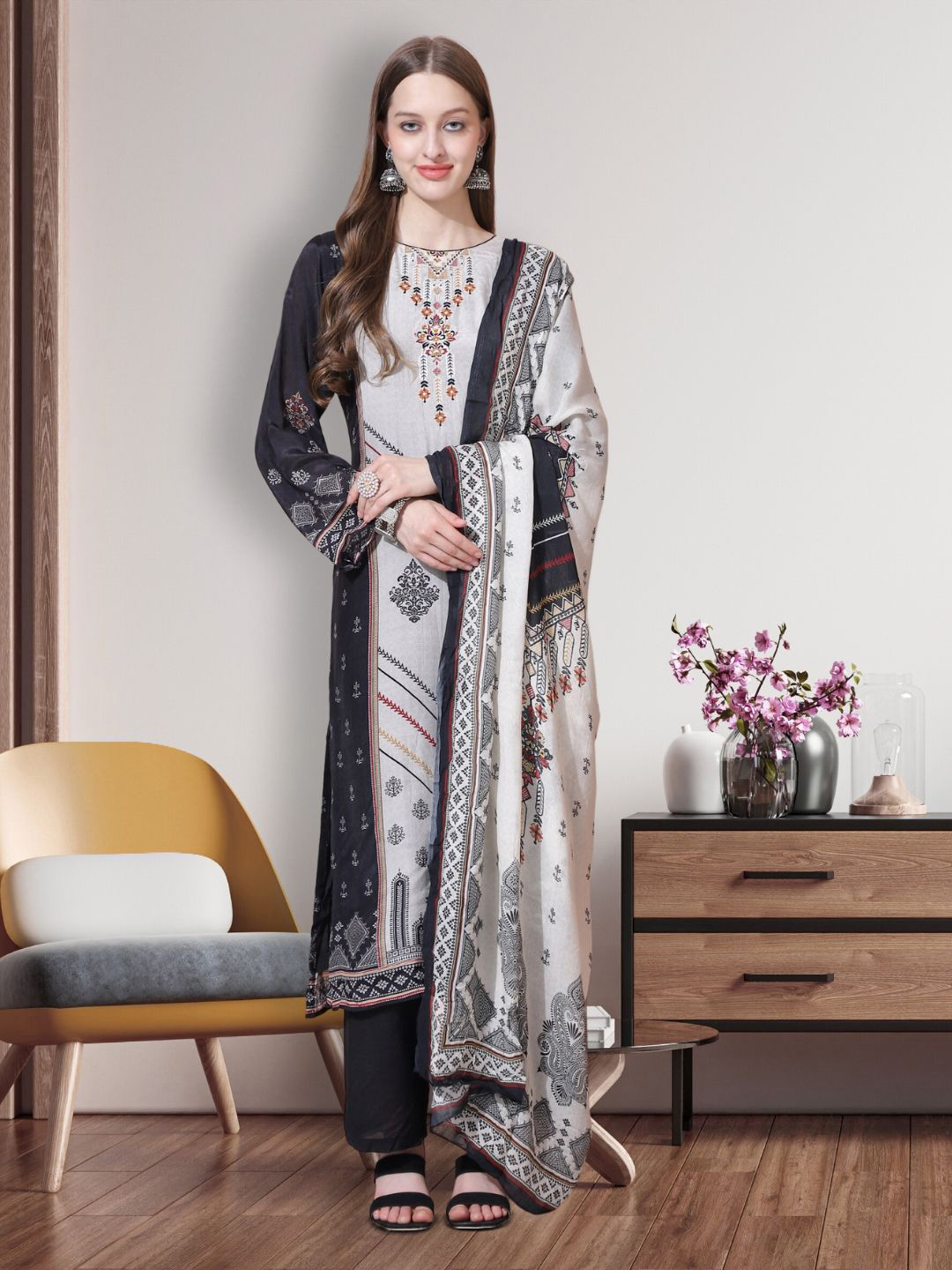 Stylee LIFESTYLE Digital Printed With Thread Work Unstitched Dress Material