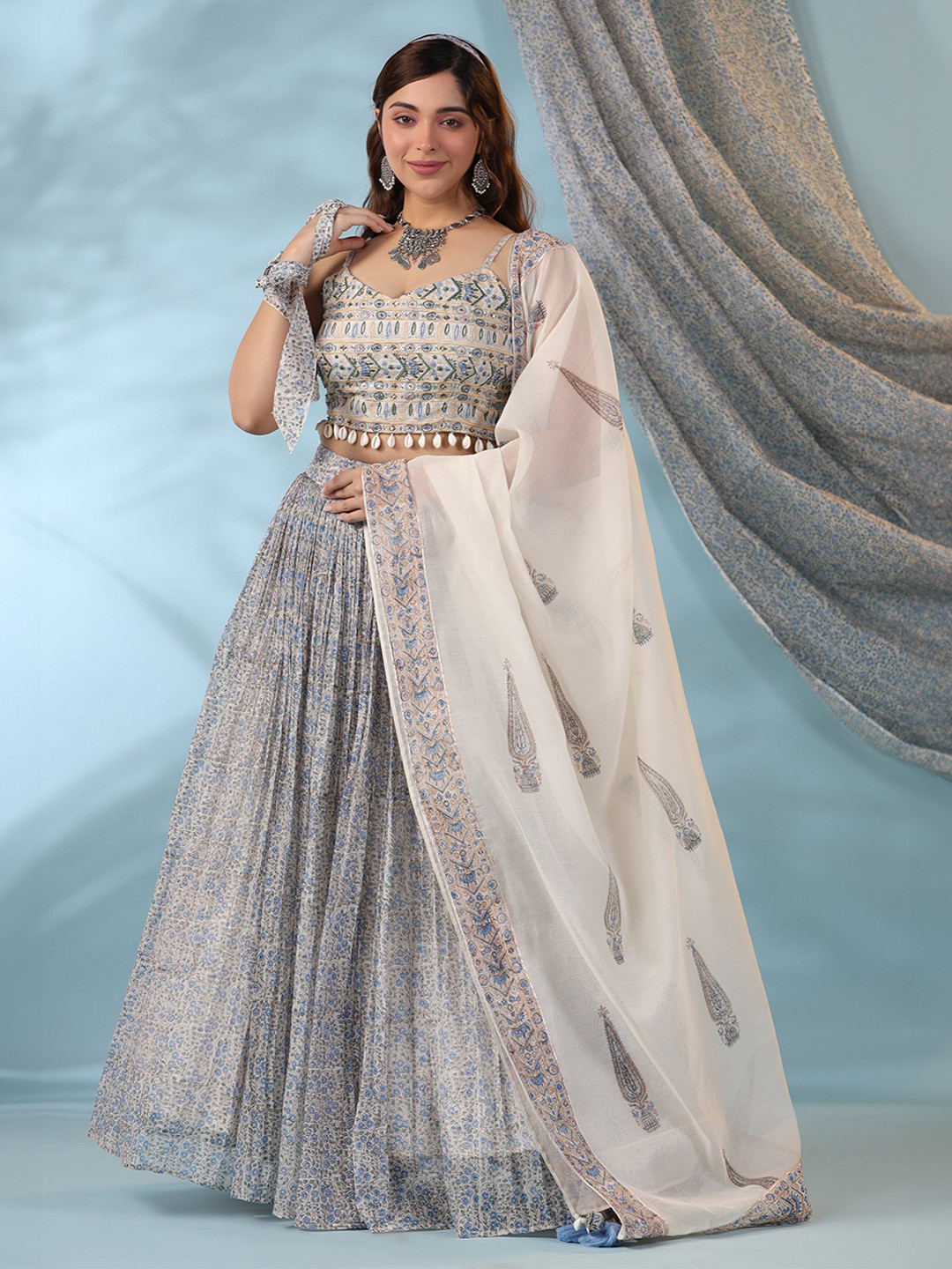 AMOREE Women Cotton Embellished Block Print Lehnga Choli