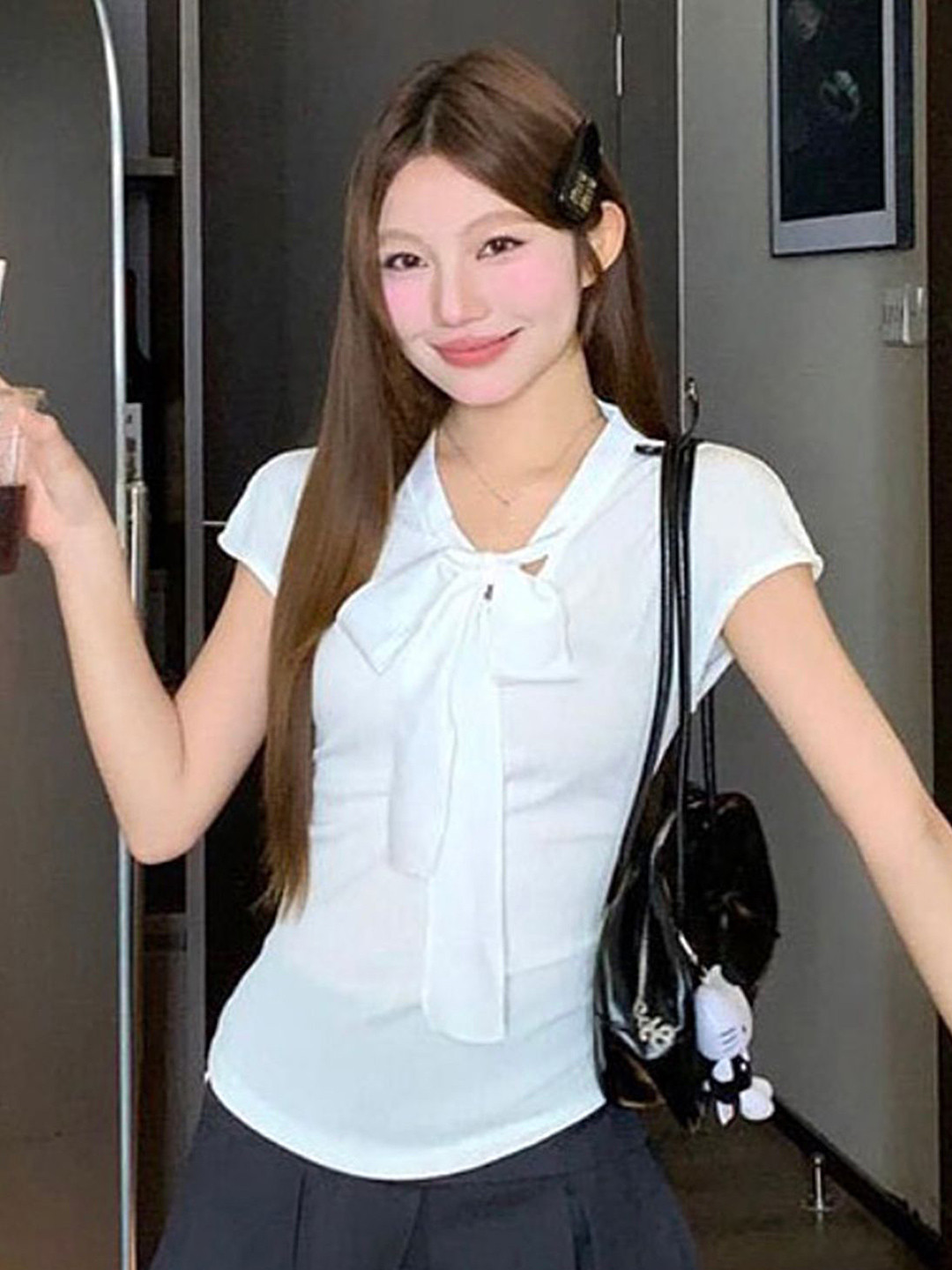 LULU & SKY Women White Ribbed Tie-Up Neck Top with Bow Detail