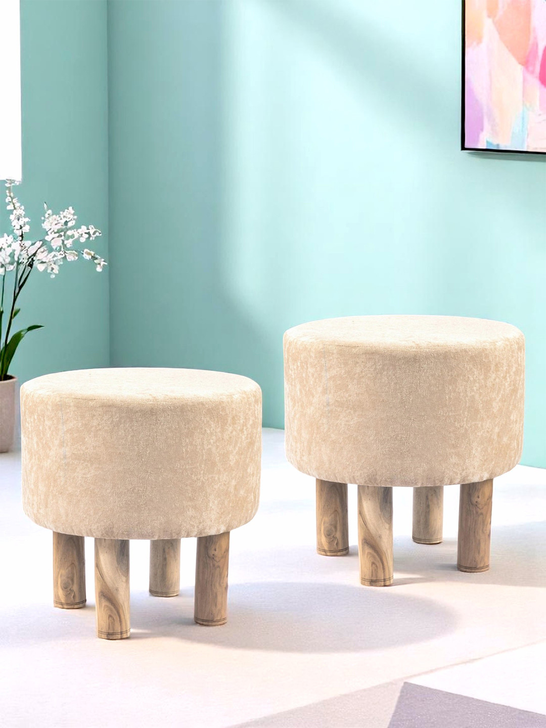 Ikiriya Acacia Wood Accent Round Set Of 2 Pouf Stools In Beige Sparkle Velvet Upholstery