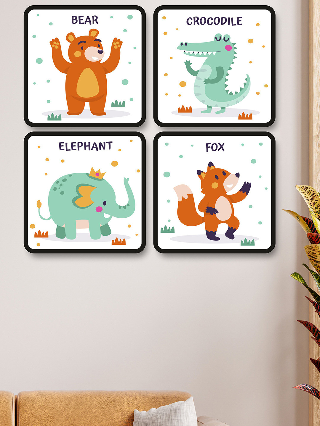 SAF White & Brown 4 Pieces Cute Animals Theme Painting Wall Arts