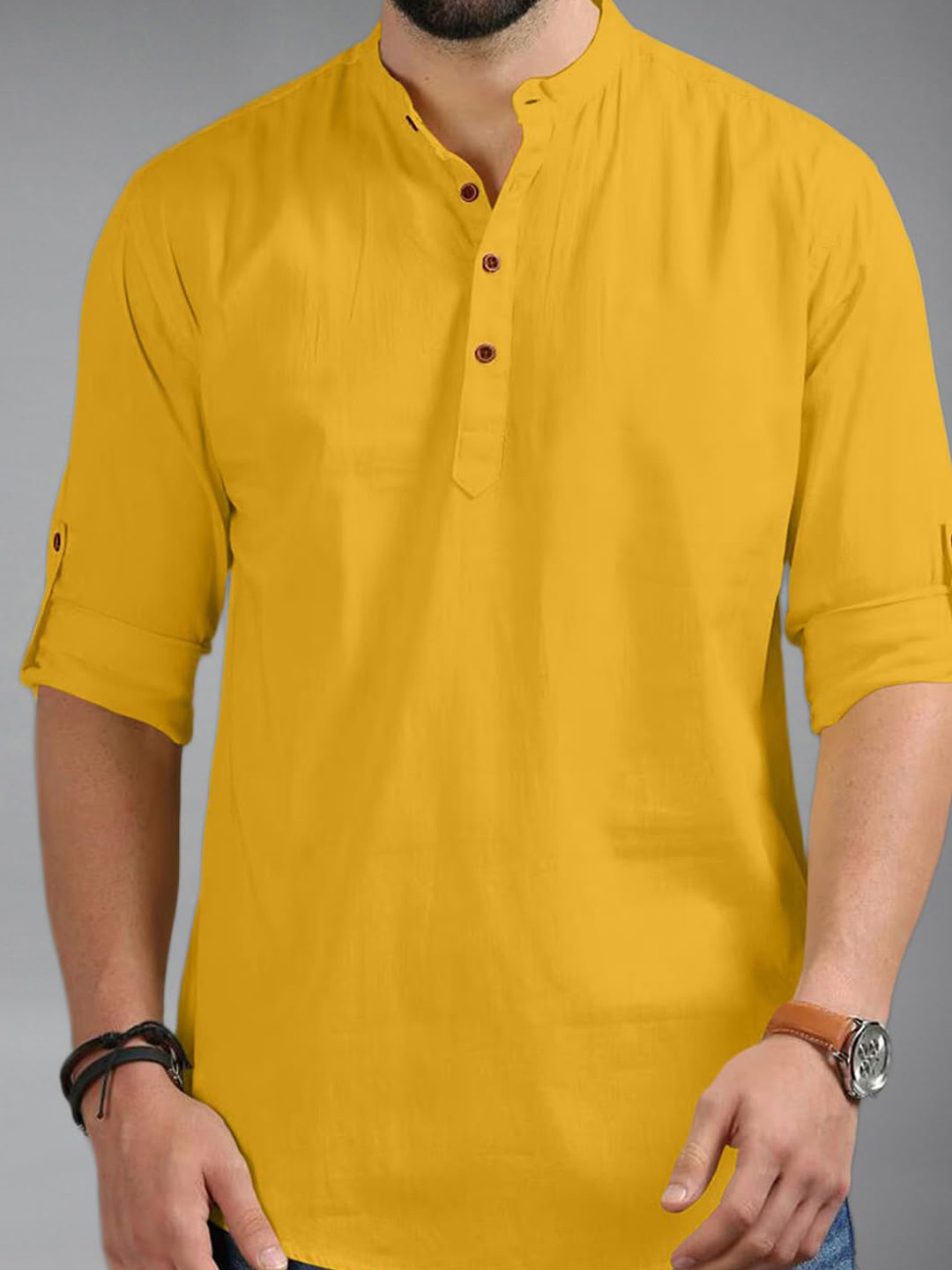 univibe Men Mandarin Collar Roll-Up Sleeves Kurta