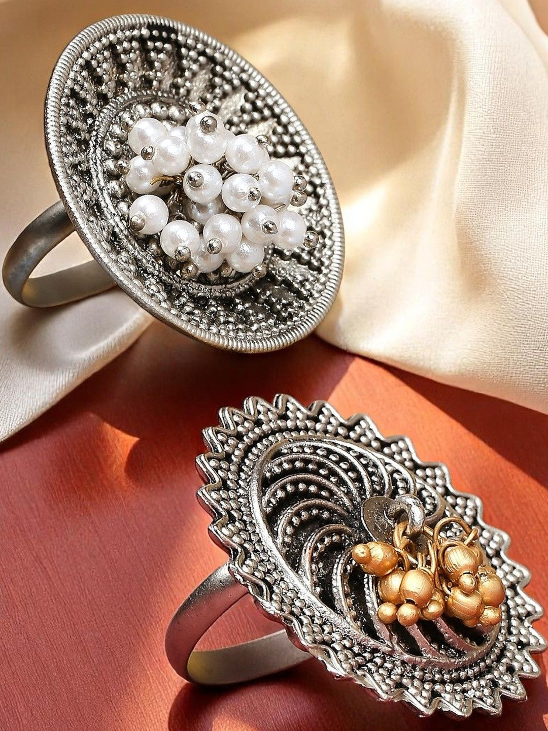 Sangria Women Pack of 2 Alloy Oxidised Silver Ring With Golden & White Ghugroo