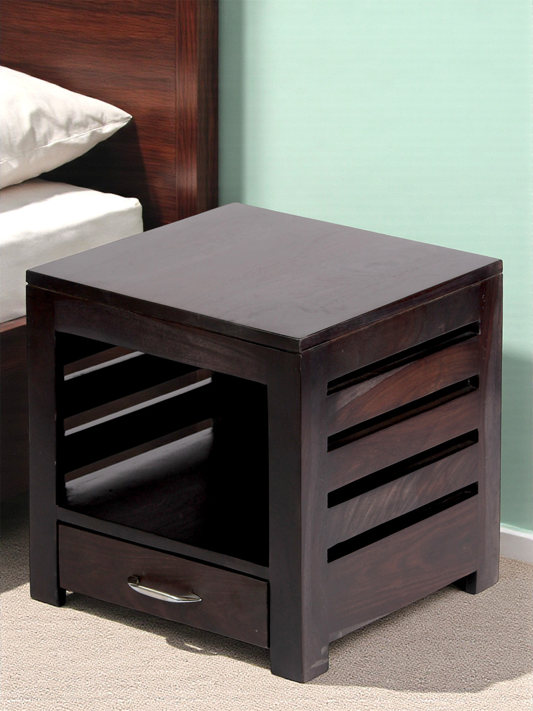 Ikiriya Sheesham Wood Contemporary Bedside Table/ End Table In Dark Mahagony Finish