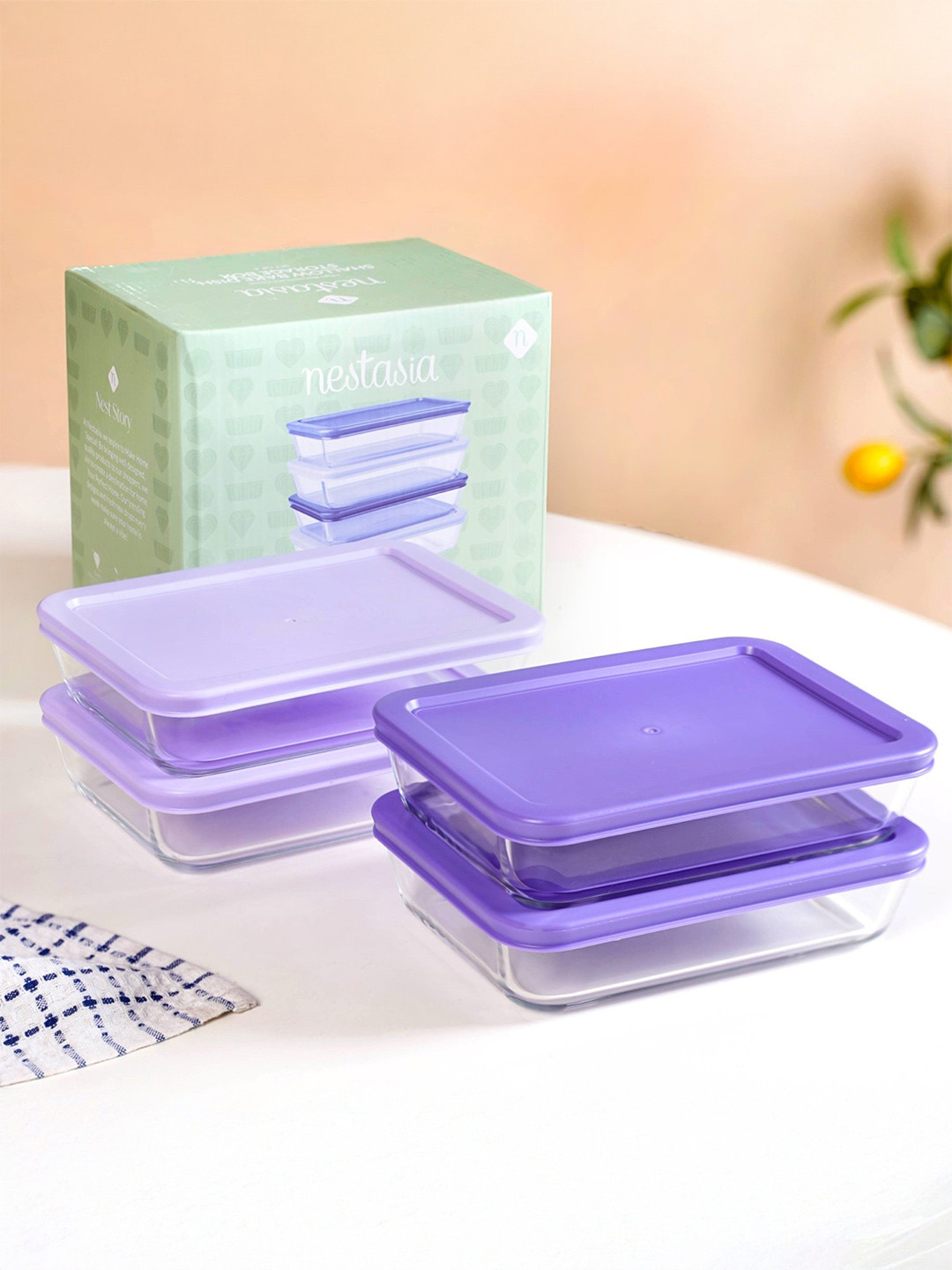 Nestasia Purple 4 Pieces Borosilicate Glass Fridge Containers-700ml