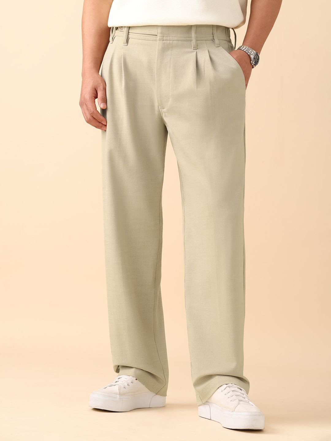 The Souled Store  Men Korean Pants: Cloud Beige Tapered Fit Super Flex Pants