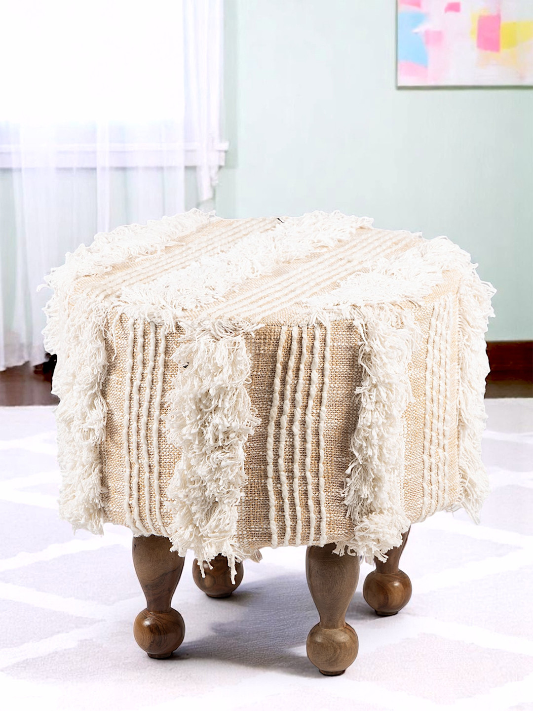 Ikiriya Acacia Wood Mid Century Round Pouf Stool In Beige Fabric With Fringes Upholstery