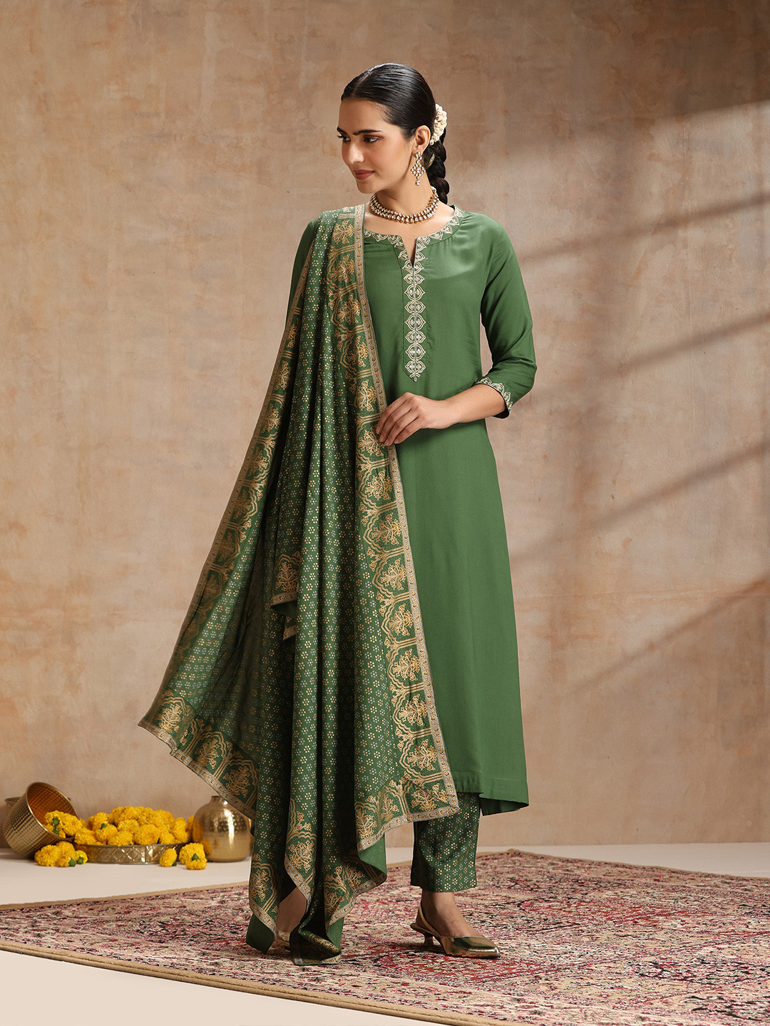 Khushal K Ethnic Motifs Embroidered V-Neck Thread Work Kurta With Trousers & Dupatta